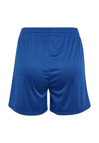 Blå atletikshorts lavet af glat, letvægtsstof. Elastisk talje, løs pasform og enkelt design uden synlige mønstre eller detaljer.