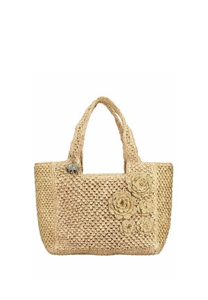 Gewebte beige Handtasche mit zwei Griffen, verziert mit fünf Häkelblumen und einem kleinen Elefantenanhänger am linken Griff.