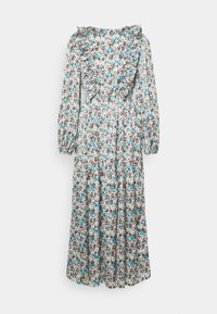 Bloemen midi-jurk met lange pofmouwen, gef ruite halslijn en een elastische tailleband. Heeft een patroon van kleine blauwe, rode en groene bloemen op een witte achtergrond.