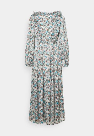Vestido midi floral con mangas largas abullonadas, escote con volantes y cintura elástica. Presenta un patrón de pequeñas flores azules, rojas y verdes sobre fondo blanco.