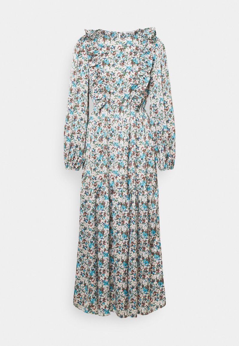Bloemen midi-jurk met lange pofmouwen, gef ruite halslijn en een elastische tailleband. Heeft een patroon van kleine blauwe, rode en groene bloemen op een witte achtergrond.
