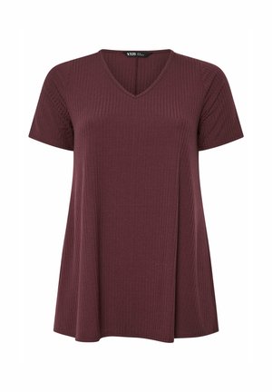 Krótki rękaw, prążkowany top z dekoltem w serek w ciemnym śliwkowym kolorze, o luźnym kroju i subtelnej, pionowej fakturze.