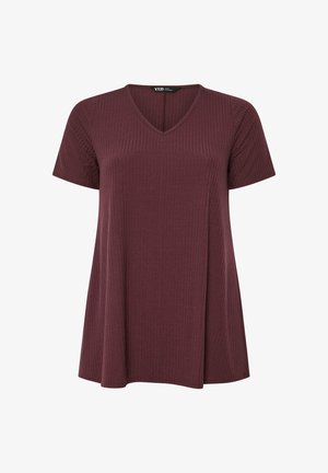 Krótki rękaw, prążkowany top z dekoltem w serek w ciemnym śliwkowym kolorze, o luźnym kroju i subtelnej, pionowej fakturze.