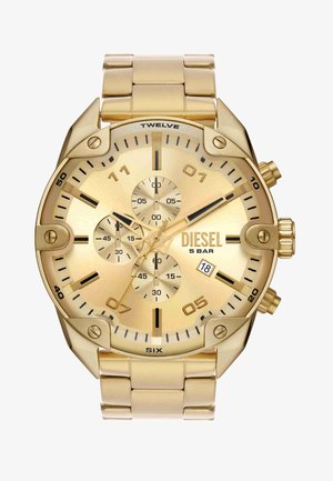 Gouden Diesel polshorloge met chronograafwijzers, datumvenster met 18 en gemarkeerde 5 BAR waterbestendigheid, aan een schakelen armband.