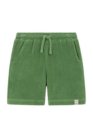 Groene badstofshorts met elastische tailleband, vooraan trekkoord, zijzakken en een klein wit label aan de onderzoom.