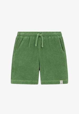 Groene badstofshorts met elastische tailleband, vooraan trekkoord, zijzakken en een klein wit label aan de onderzoom.