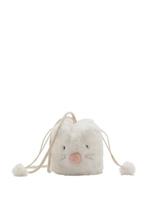Fluffy, witte, pluche tas in de vorm van een konijn, met afgeronde oren, een roze neus, zwart gestikte ogen en trekkoorden met pompon-einden.