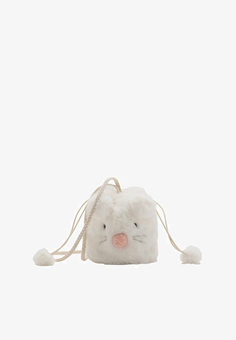 Puhast, belega kosmato torbico v obliki zajčka, z zaobljenimi ušesi, rožnato noskom, črnimi šivanimi očmi in vrvicami s pom-pon konicami.