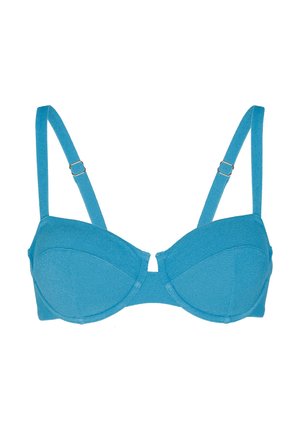 Reggiseno blu con ferretti, coppe imbottite, spalline regolabili e dettaglio a taglio centrale. Realizzato in tessuto morbido con una consistenza liscia.