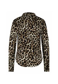 Langermige shirt met een bruine, zwarte en beige luipaardprint, vanaf de achterkant weergegeven tegen een witte achtergrond.