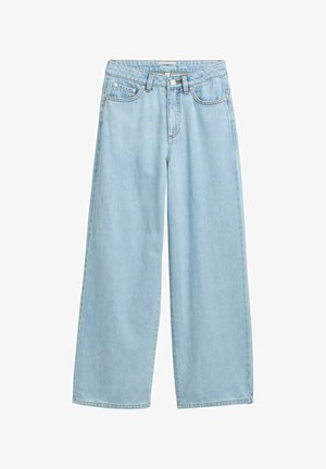 Világoskék, bő szárú farmernadrág könnyű denim anyagból, magas derekú fazonnal. Öt zsebbel rendelkezik, és a varrás mentén látható varrásokkal van ellátva.