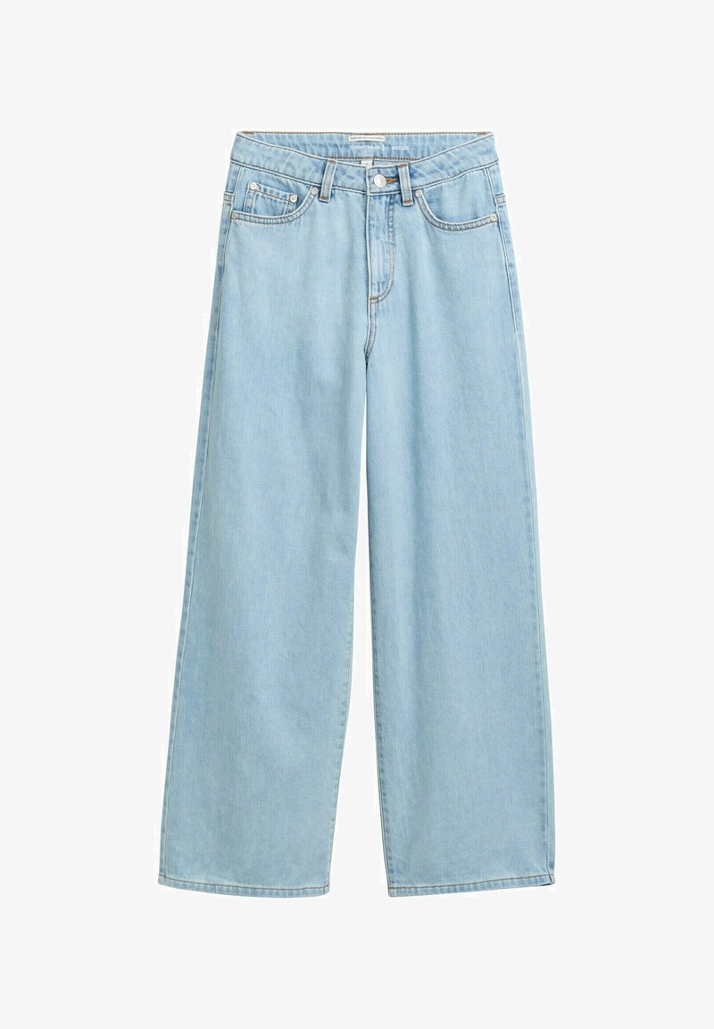 Svijetloplave široke traperice od laganog denima s visokim strukom. Imaju pet džepova i vidljivo šivanje duž šavova.