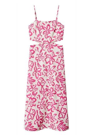 Un vestido de longitud media con tirantes finos, que presenta una tela blanca adornada con grandes patrones florales rosa y un cuerpo ajustado.