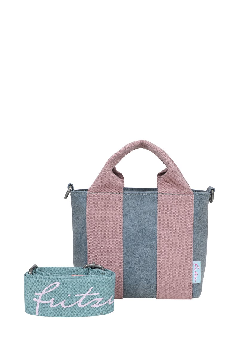 Piccola borsa a tracolla grigia in tessuto con manici rosa e accessori in metallo. Include una tracolla staccabile verde menta con la scritta "fritz" stampata in rosa.