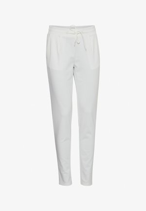 Valged puuvillased trendipüksid nööri talje, kitsas jala disain ja kaks külge taskut. Sile tekstuur ilma nähtavate mustriteta.