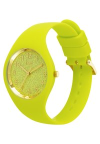 Reloj de silicona amarilla brillante con una esfera verde brillante, marcadores de horas dorados y una correa suave que cuenta con un cierre de hebilla seguro.