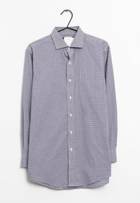 Långärmad skjorta i lila och vit rutmönster, tillverkad av bomull, med en knappad krage och framknappar samt en rundad fåll.