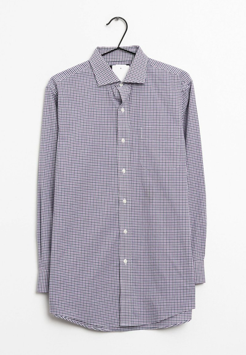 Langärmliges Hemd im lila-weißen Karomuster, aus Baumwolle, mit einem Button-down-Kragen und Frontknöpfen sowie einem abgerundeten Saum.