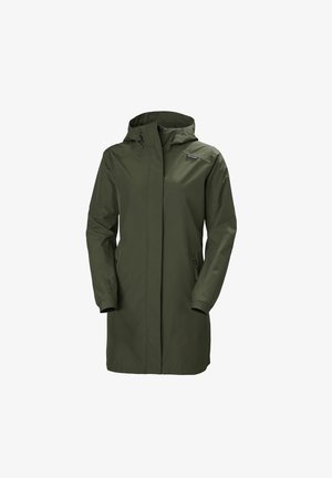 Olivgrüne wasserdichte Jacke mit Kapuze, langen Ärmeln und zwei Seitentaschen; glatte Textur mit einem Reißverschluss auf der Vorderseite.