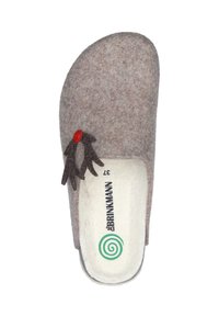 Light brown felt slip-on slipper with white fleece lining, a small decorative black felt bow with a red button on top, size 37.