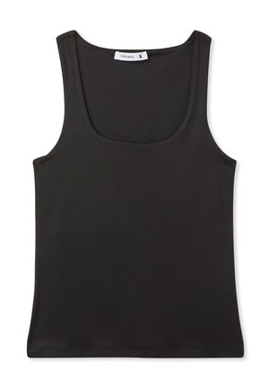 Canotta nera senza maniche con scollo rotondo, realizzata in tessuto morbido, caratterizzata da una texture liscia e bordi puliti. Etichetta di taglia S inclusa.