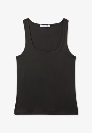 Canotta nera senza maniche con scollo rotondo, realizzata in tessuto morbido, caratterizzata da una texture liscia e bordi puliti. Etichetta di taglia S inclusa.