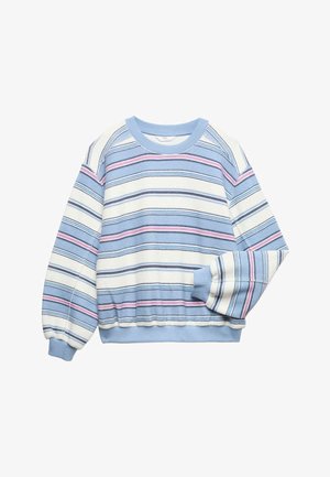Maglione a maniche lunghe con scollo tondo e righe orizzontali in azzurro, bianco, blu navy e rosa, con polsini e orlo a coste.