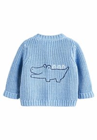 Hellblaues, gestricktes Sweatshirt mit langen Ärmeln, das auf dem Rücken ein blaues, gesticktes Krokodil-Design und gerippte Bündchen und Saum hat.