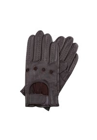 Gants en cuir marron avec sections de doigts perforées, design à paume ouverte et fermeture à sangle. Surface texturée avec des détails de couture visibles.