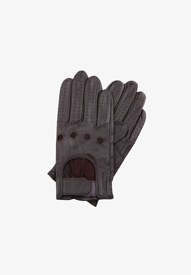Gants en cuir marron avec sections de doigts perforées, design à paume ouverte et fermeture à sangle. Surface texturée avec des détails de couture visibles.
