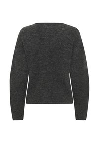 Pulover gri închis cu mâneci lungi și decolteu rotund, văzut din spate, care evidențiază textura sa moale și stilul ajustat.
