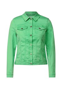 Veste en denim verte avec une fermeture à bouton sur le devant, deux poches poitrine et un col classique. Elle présente une texture lisse et une coupe ajustée.