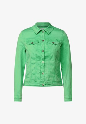 Grön denimjacka med framknäppning, två bröstfickor och klassisk krage. Har en slät textur och en skräddarsydd passform.