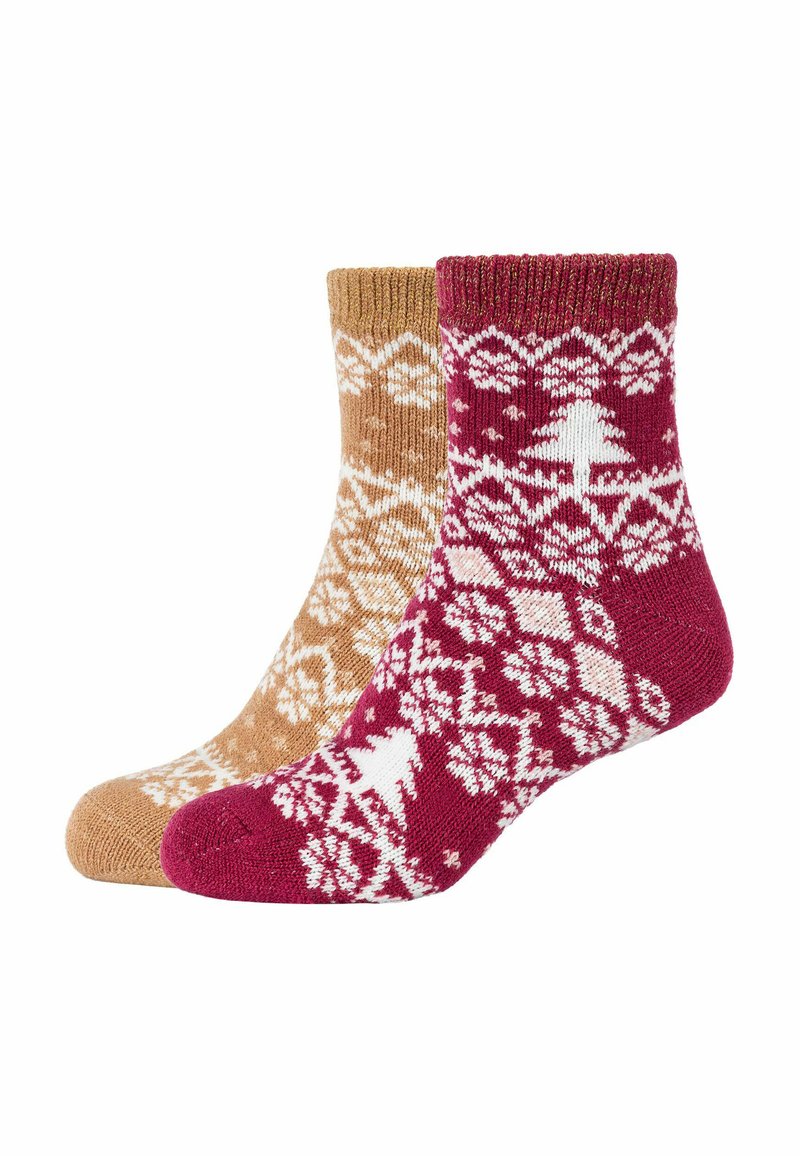 Zwei Paar Socken: eine burgunderrote mit weißen Baum- und geometrischen Mustern, die andere sandfarben mit weißen Blumenmustern, beide gestrickt und knöchelhoch.