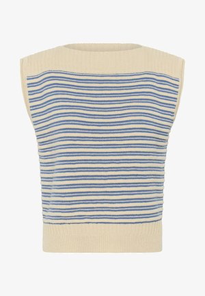Sleeveless knitted vest with cream base and horizontal blue stripes, featuring a ribbed collar and hem.