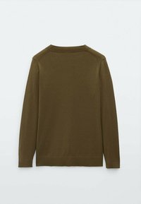 Pull vert olive, col rond, manches longues, poignets et ourlet côtelés, texture lisse, vue de dos, sans motifs ni détails visibles.