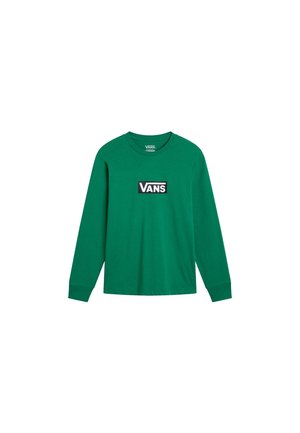 Grøn langærmet skjorte med rund hals og sort rektangulært Vans-logo centreret på brystet.