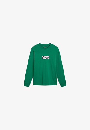 Grøn langærmet skjorte med rund hals og sort rektangulært Vans-logo centreret på brystet.