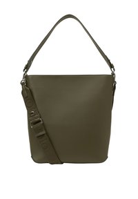 Sac seau en cuir vert olive avec une courte poignée et une bandoulière en tissu de marque réglable.