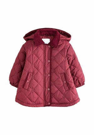 Dunkelroter, gesteppter Kinder-Hoodie mit Druckknöpfen, zwei Fronttaschen und einem Cord-Kragen auf weißem Hintergrund.