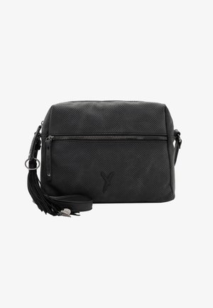 Borsa a tracolla in pelle nera traforata con chiusura a zip, tracolla regolabile e dettaglio a nappa sulla cerniera. Presenta un logo in rilievo.