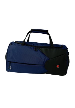 Blauwe sporttas met zwarte accenten, gemaakt van duurzaam materiaal. Beschikt over een handvat aan de bovenkant, ritsvakken en een logo aan de zijkant.