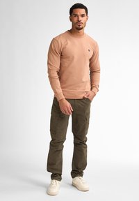 Felpa beige a maniche lunghe con colletto rotondo e polsini a costine, abbinata a pantaloni cargo verde oliva con tasche laterali e sneakers bianche.