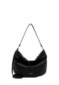 Black leather shoulder bag with a relaxed shape, featuring a single curved strap and logo detail. Smooth texture with minimal hardware.