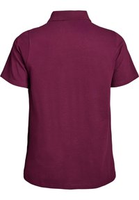 Burgundské polo tričko, krátké rukávy, vyrobené z texturované bavlněné tkaniny, má límeček a rovný lem bez viditelného loga.