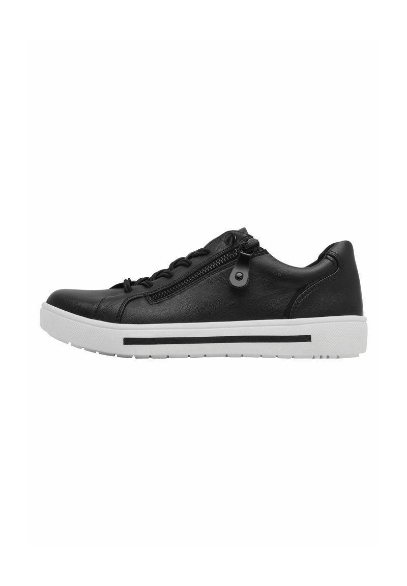 Baskets en cuir noir avec un bout arrondi, fermeture éclair sur le côté, tige texturée et semelle en caoutchouc blanche avec une bande noire.