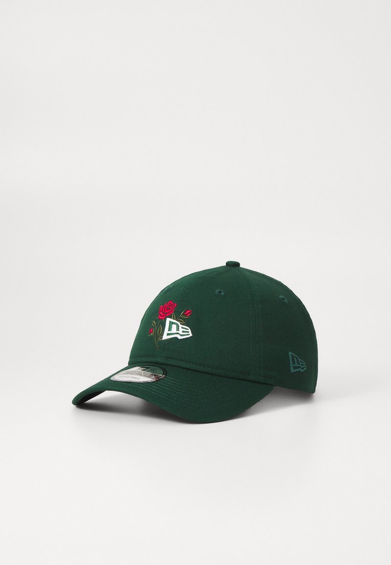 Green cotton cap with an embroidered red rose and logo on the front, featuring a curved brim and side logo detail.