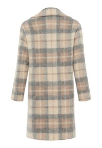 Uldblandingsfrakke med et plaidmønster i beige, brun og grå, en notch krave og trekvartærmer, med en lige silhuet.