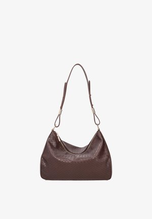 Borsa a tracolla hobo in pelle marrone intrecciata con forma arrotondata, tracolla singola e accessori in tono oro. Chiusura superiore con cerniera.