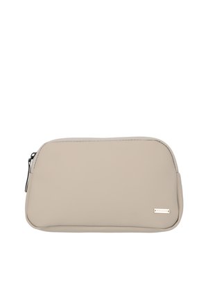 Beige rechteckige Reißverschlusstasche mit abgerundeten Ecken und einem kleinen Metallmarkenlabel in der unteren rechten Ecke.